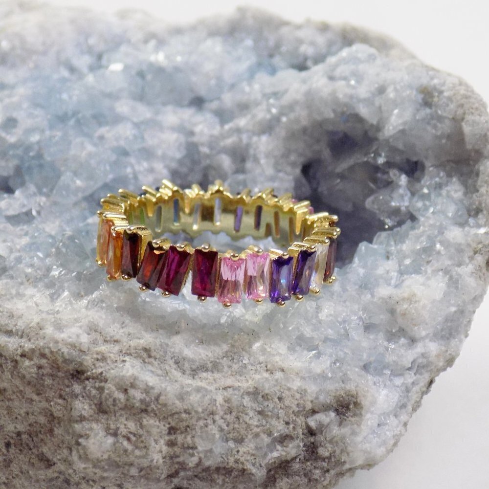 sz 5 new! chunky baguette ring eternity band emerald cut gemstones rainbow